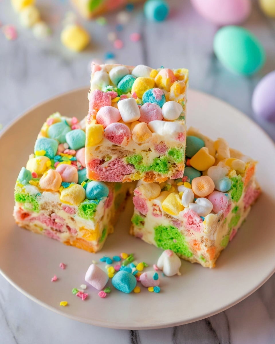 Three square pieces of a colorful treat sit on a white plate placed on a white marbled surface. Each piece has a creamy, pale base layered with bright green, pink, yellow, and orange puffed marshmallows. Scattered on top and around are small round confetti sprinkles in pastel colors like blue, pink, yellow, and white. The texture looks soft and bouncy with the colors mixed evenly throughout. Photo taken with an iphone --ar 4:5 --v 7