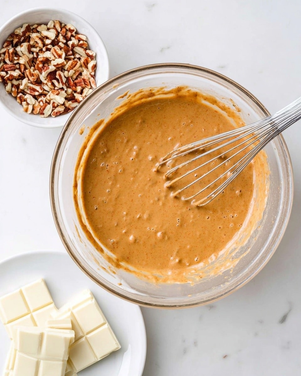 A clear glass bowl containing a smooth, thick, light brown batter with small lumps is placed on a white marbled surface. A silver whisk rests inside the bowl, partially covered with the batter. To the top left of the bowl, there is a small white bowl filled with chopped nuts, showing various shades of in-between brown and beige. At the bottom left corner, a white plate holds four square pieces of pale white chocolate. The overall scene is clean and simple with a focus on the mixing process. photo taken with an iphone --ar 4:5 --v 7
