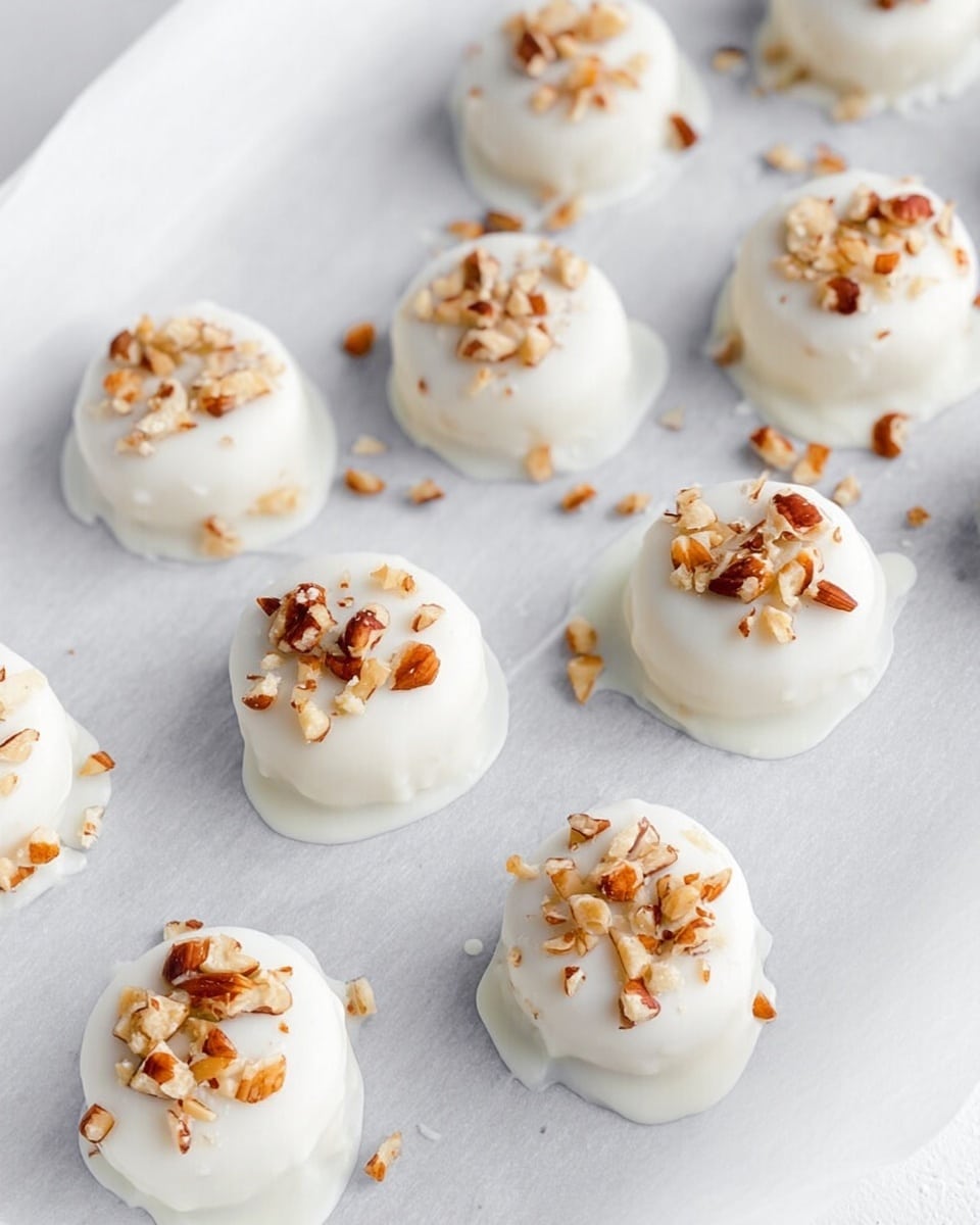 The image shows small round desserts arranged on white parchment paper over a tray. Each dessert has a smooth, thick outer layer of white coating that covers the entire round shape, with small splashes and drips around their bases. On top of each dessert, there are small clusters of chopped nuts that add a mix of light brown and tan colors. The white parchment paper sits on a white marbled surface, creating a clean and bright background. Photo taken with an iphone --ar 4:5 --v 7