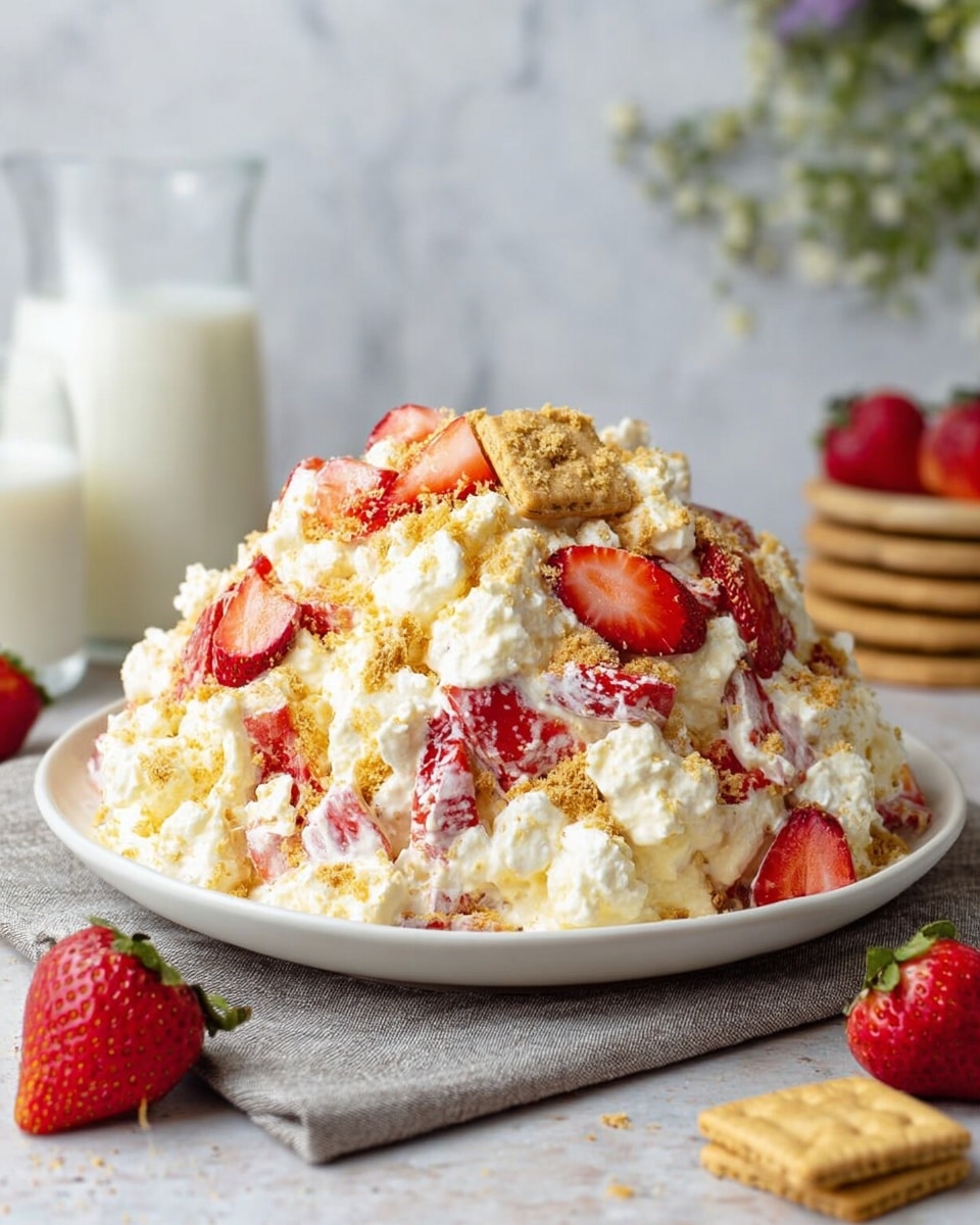 A large mound of creamy salad is served on a white plate, featuring three main layers: a base mixed with small white and light yellow curds, scattered with white chunks of cake, and topped with bright red strawberry slices and golden crumb bits. The salad looks fluffy and textured, with a mix of soft, creamy, and crumbly parts. The plate sits on a gray cloth with a strawberry and some graham crackers placed nearby. The background is a soft-focus white marbled texture with a blurry glass of milk and a plant behind. Photo taken with an iphone --ar 4:5 --v 7