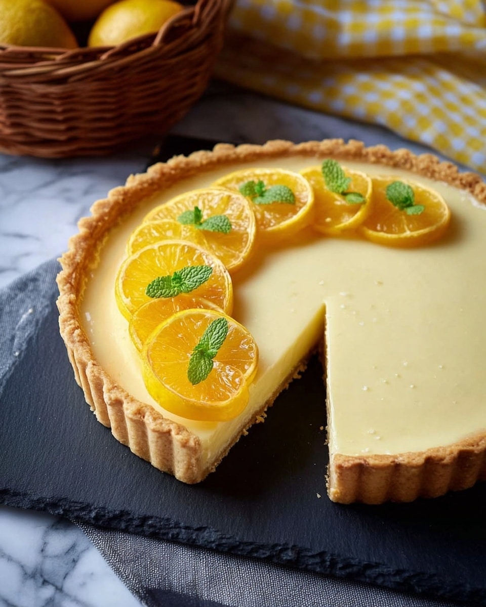 A tart with one thick layer of smooth, creamy pale yellow filling sits in a golden-brown crust with a fluted edge. On top, six shiny, thin slices of yellow citrus fruit are arranged in a diagonal line from the top right to the middle right, each garnished with a small bright green mint leaf. The tart is placed on a dark slate board over a gray cloth, with a wicker basket holding a yellow and white checkered cloth in the background on a white marbled surface photo taken with an iphone --ar 4:5 --v 7