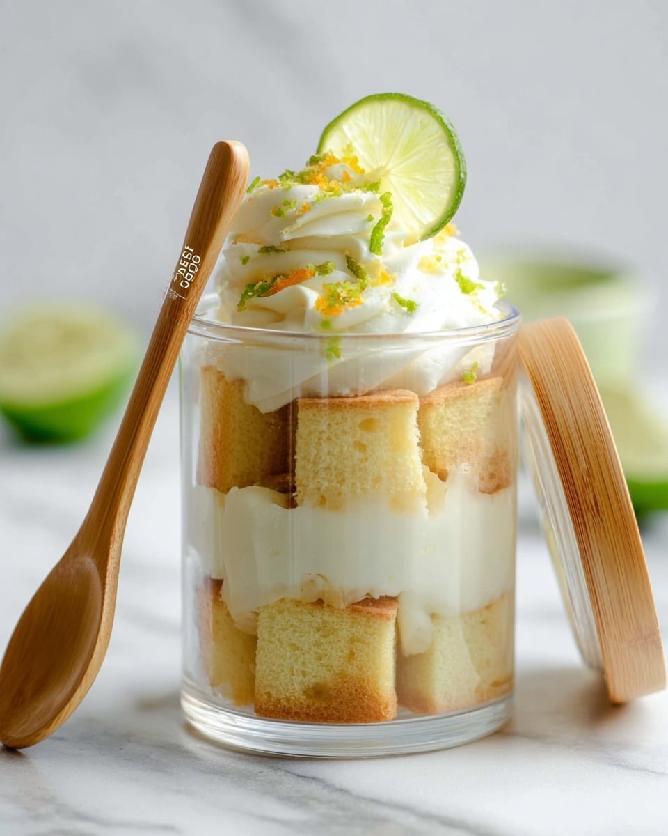 A clear glass cup with three layers, starting at the bottom with a layer of light yellow cake cubes. In the middle is a thick white creamy layer, topped again with light yellow cake cubes. On top is a swirl of white cream, sprinkled with small green and orange zest, and garnished with a thin lime slice standing upright. A wooden spoon is attached to the left side of the glass, and the glass lid with white and natural wood tones leans on the right. The cup is set on a white marbled surface. photo taken with an iphone --ar 4:5 --v 7