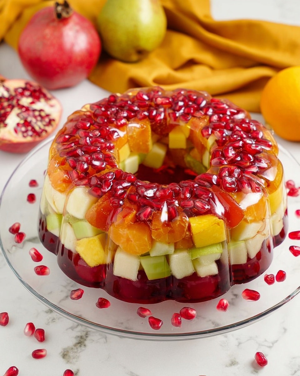 The image shows a colorful jelly ring dessert on a clear glass plate. The dessert has four visible layers, each made of different fruits inside transparent jelly. The bottom layer has red cherries in jelly, the next layer is green apple cubes, followed by orange mango pieces, and the top layer is covered with shiny red pomegranate seeds. The jelly is clear, shiny, and smooth, holding the fruit pieces together. Around the plate, there are some loose pomegranate seeds. The background is a white marbled surface with a mustard yellow cloth and some whole pomegranates and pears nearby. Photo taken with an iphone --ar 4:5 --v 7