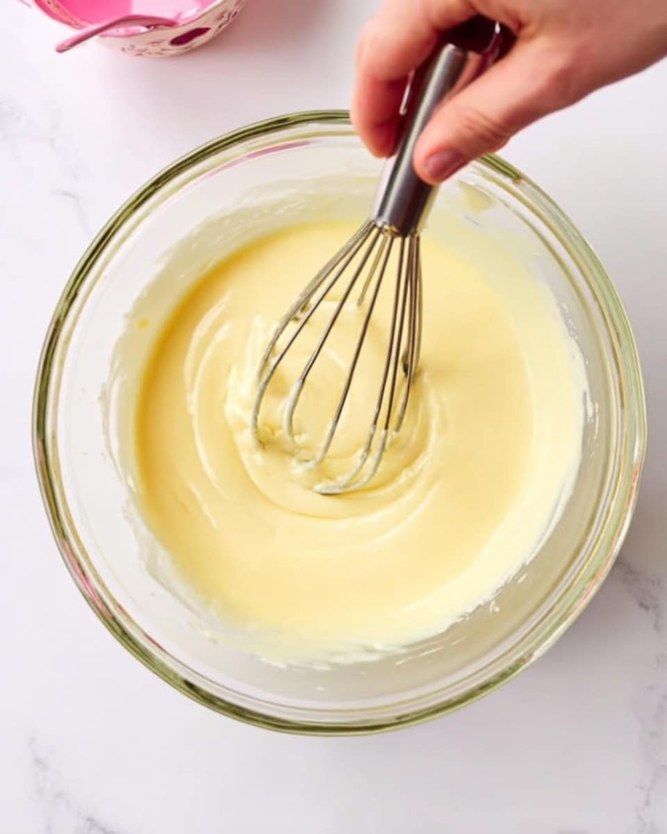 A clear glass mixing bowl with light yellow creamy batter inside, being stirred by a woman's hand holding a metal whisk, all set on a white marbled surface with a hint of a pink object in the top left corner. The batter looks smooth and glossy as it swirls around in the bowl. Photo taken with an iphone --ar 4:5 --v 7