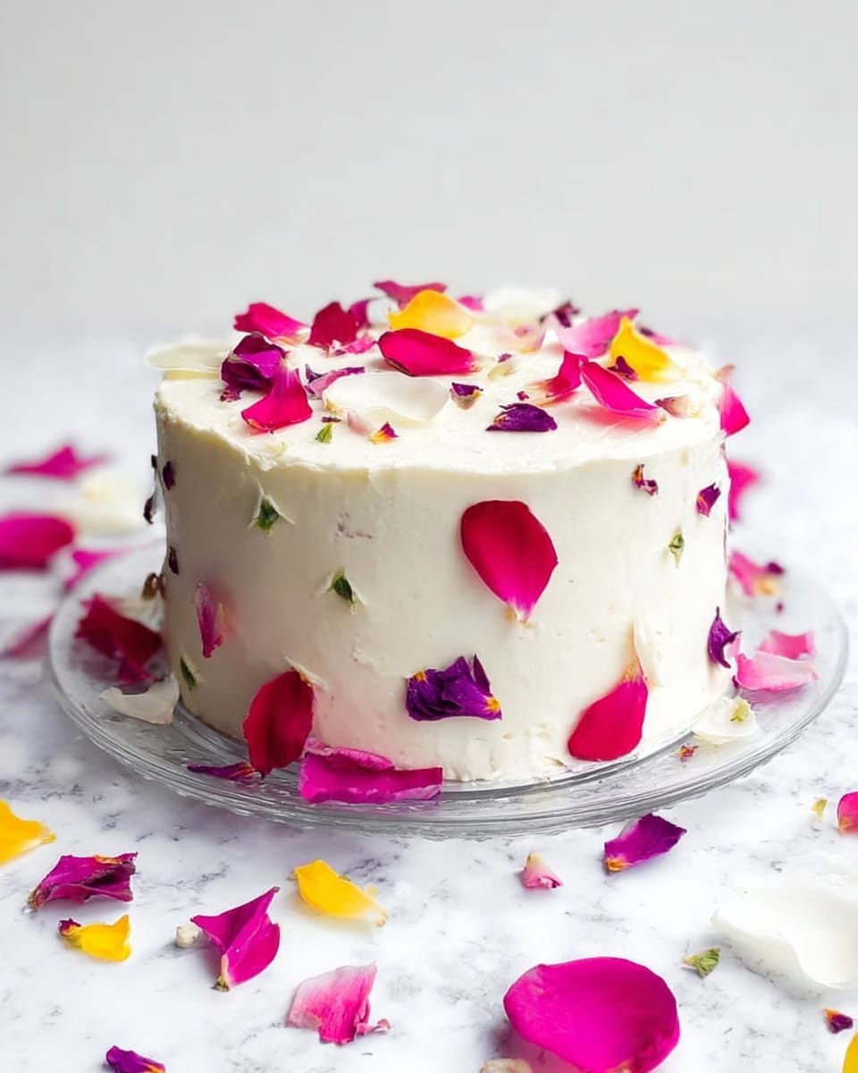 A round cake with smooth white frosting covers three layers, sitting on a clear glass plate over a white marbled surface. The frosting is decorated with bright pink, purple, yellow, and white flower petals scattered on the cake sides, top, and around the plate. The petals vary in size and shape, adding a natural and colorful look to the cake. The background is plain and light-colored, making the cake and petals stand out clearly. Photo taken with an iphone --ar 4:5 --v 7