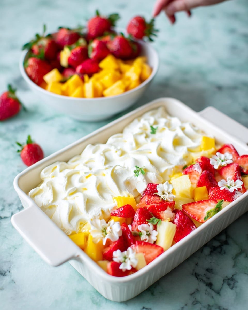 A white rectangular dish holds a dessert with two main layers visible from the top: one half is covered with smooth white whipped cream shaped in soft waves, while the other half is decorated with fresh fruit pieces and small white flowers. The fruit layer contains bright red whole and halved strawberries, yellow mango chunks, and light-colored pineapple pieces. Behind the dish, there is a white bowl filled with more mango chunks and strawberries, placed on a white marbled surface where a woman's hand is seen slightly holding some strawberries. Photo taken with an iphone --ar 4:5 --v 7
