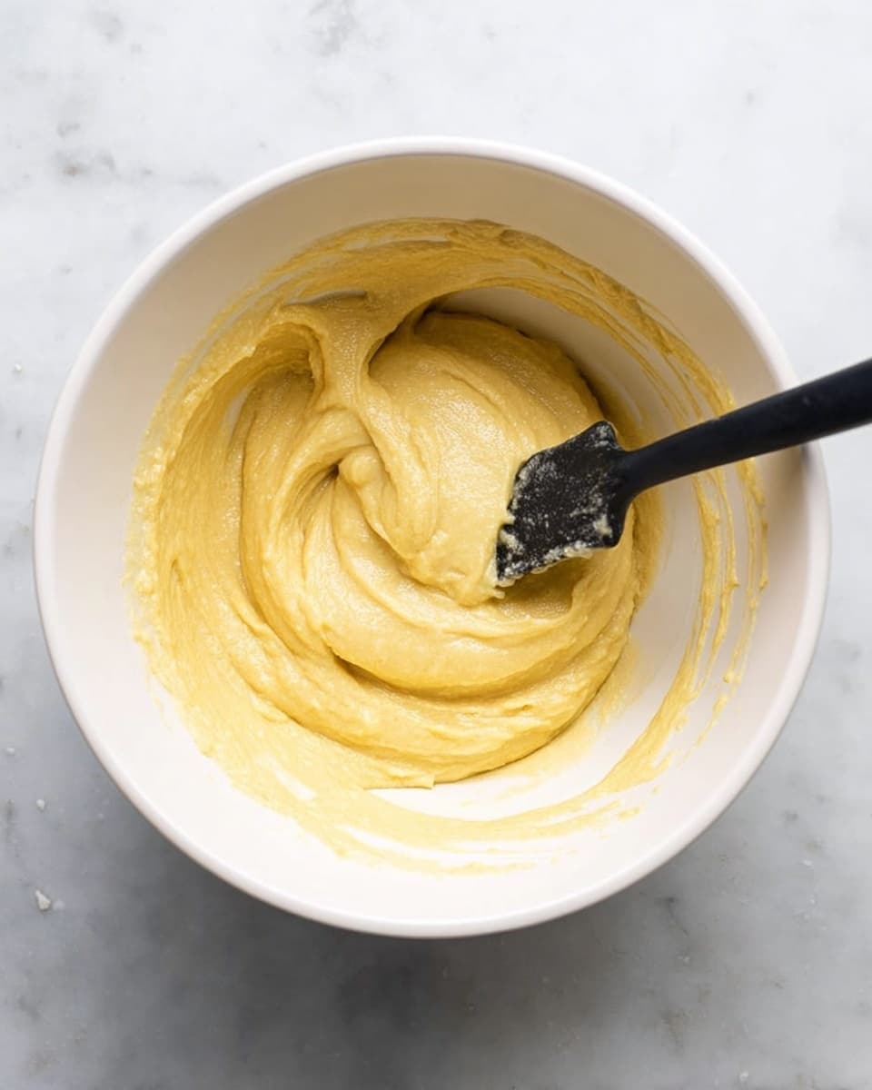 A white bowl filled with a thick, light yellow batter with a smooth, creamy texture sits on a white marbled surface. Inside the bowl, a black spatula rests, partially covered with batter, as if recently stirred. The batter clings to the sides of the bowl in spiral patterns, showing a slightly sticky and soft consistency. The image is well lit, focusing on the batter and the bowl's inside edges. Photo taken with an iphone --ar 4:5 --v 7