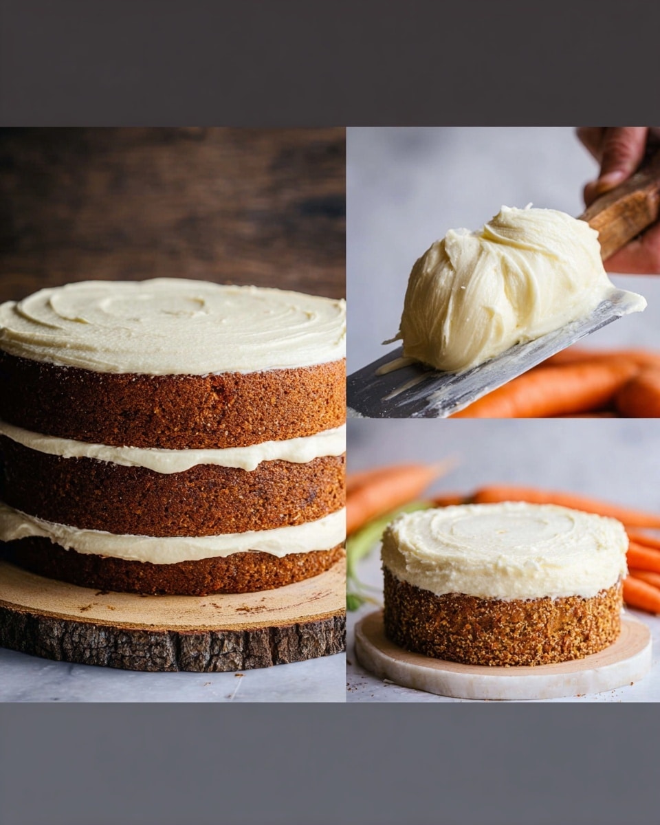 The image shows a three-layer carrot cake on a round wooden slice placed on a white marbled surface. The bottom two layers are brown with a rough, moist texture, and each layer is separated by a smooth, creamy white frosting. The top layer is coated with the same thick white frosting, spread evenly but with visible spatula marks. Next to the cake, a woman's hand is using a spatula to hold a generous dollop of the creamy frosting. Orange carrots are placed near the cake, adding a pop of color to the scene. Photo taken with an iphone --ar 4:5 --v 7