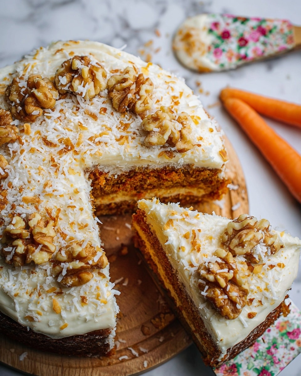 The image shows a carrot cake with three visible layers. The base layer is moist and orange-brown, typical of carrot cake, and it is covered thickly with creamy white frosting. The top layer is decorated with large pieces of walnut and a generous sprinkle of shredded coconut for texture. One slice is being lifted, showing the soft, crumbly inside and the thick frosting covering the top and sides. The cake sits on a wooden board with a white marbled surface in the background. A floral-patterned spatula and two whole carrots are placed nearby. Photo taken with an iphone --ar 4:5 --v 7