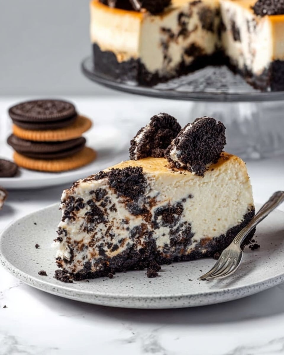 A slice of cookies and cream cheesecake sits on a round white plate with a slightly rough texture, showing two clear layers: a thick, creamy white cheesecake layer with dark cookie pieces mixed inside, and a darker brown crust layer at the bottom. The top of the cheesecake is decorated with some larger cookie pieces broken into chunks. In the background, part of the whole cheesecake on a glass cake stand and a small stack of whole cookies are visible on a white marbled surface. A silver fork is placed on the plate behind the cheesecake slice. Photo taken with an iphone --ar 4:5 --v 7