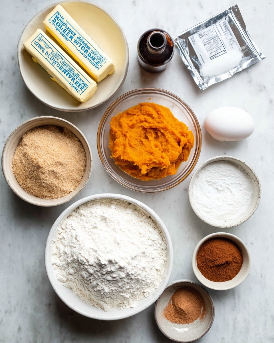The image shows an overhead view of several white bowls and containers arranged neatly on a white marbled surface, each holding different baking ingredients. There is a large white bowl filled with white flour at the bottom, two sticks of pale yellow butter with blue text on their wrappers on the left, a bowl with packed light brown sugar, a clear container with bright orange pumpkin puree on the right, a small bowl with white granulated sugar, a small bowl with a brown powdered spice mix, and a container of white powdered sugar above. Also visible are a whole white egg near the middle right, a dark brown bottle of vanilla extract in the center, and a silver packet lying flat in the upper right area. photo taken with an iphone --ar 4:5 --v 7