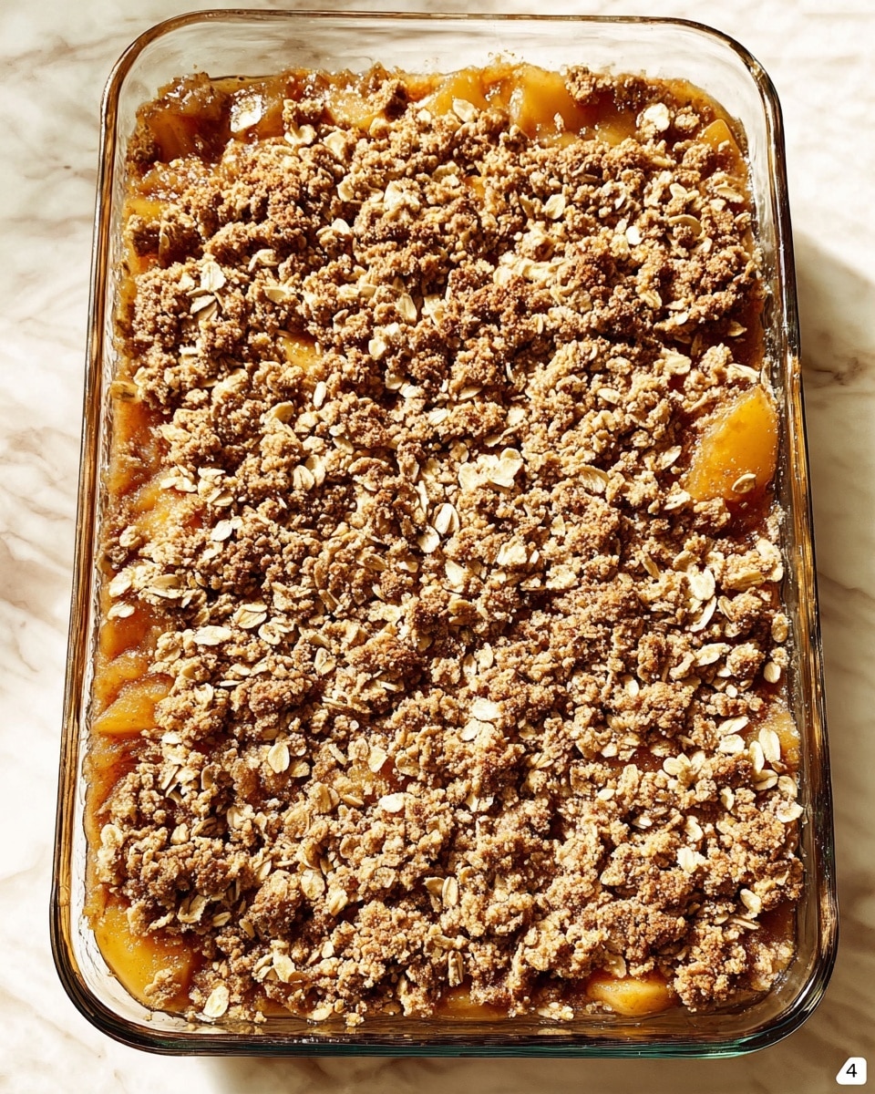 A clear glass baking dish filled with a dessert showing two distinct layers: the bottom layer is a golden-brown baked fruit base with visible soft, slightly shiny fruit pieces peeking through; the top layer is a chunky, crumbly oat and brown sugar streusel topping with a rough texture, scattered oats, and a dry, crumbly look covering the entire surface. The dish rests on a white marbled surface with warm, natural lighting highlighting the contrast between the moist bottom layer and the dry crumbly top layer, photo taken with an iphone --ar 4:5 --v 7