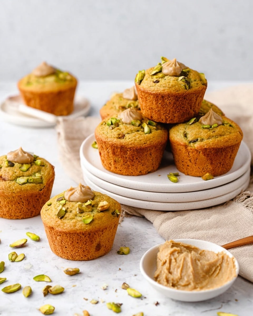 The image shows six golden muffin-like cakes with a rough texture, topped with small green slivers and a dollop of light brown paste on each. Four of the cakes are placed on a stack of three white plates, while two are directly on the white marbled surface with a beige cloth underneath and scattered green slivers and crumbs around. In the background, there is a small white bowl filled with light brown paste and another one with green slivers. The scene is bright with soft lighting, and the overall setting is clean and simple. photo taken with an iphone --ar 4:5 --v 7