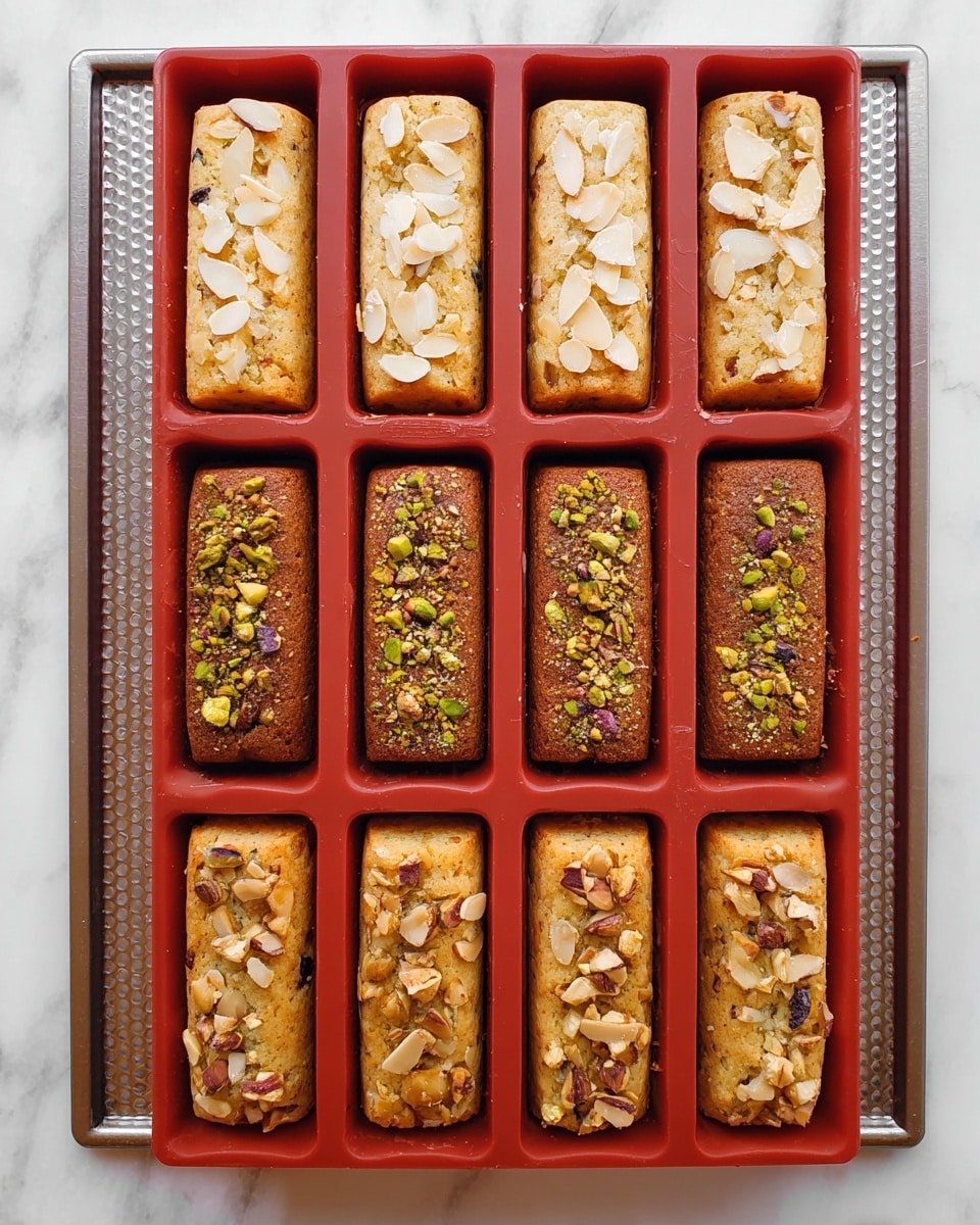 The image shows a red silicone mold with twelve rectangular cakes arranged in three rows of four. The top row cakes are light golden with scattered white almond slices on top, giving a slightly rough texture. The middle row cakes are darker brown and covered with crushed green and purple pistachio pieces, showing a nutty and uneven surface. The bottom row cakes are golden brown and coated with chopped nuts that are light tan and some darker tones, giving a crunchy look. The mold sits on a white marbled surface with a metal tray underneath that has a pattern of raised small circles. photo taken with an iphone --ar 4:5 --v 7