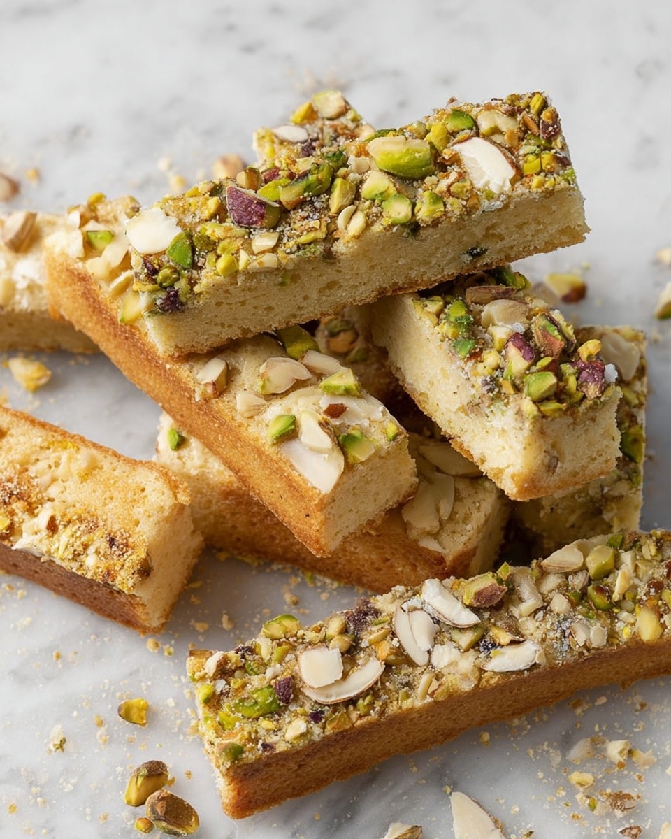 The image shows a close-up of several rectangular bars stacked on a white marbled surface. The bars have a light golden brown base with two main toppings: one set is covered with green and brown pieces of pistachios, giving a rough and chunky texture on top; the other set is topped with thin, light almond slices and small chopped nuts, creating a smoother but textured surface. The bars are arranged unevenly, some leaning on each other, showing the soft and crumbly interior of the bars. Small scattered nut pieces are visible around the bars. The lighting highlights the texture and colors clearly. Photo taken with an iphone --ar 4:5 --v 7
