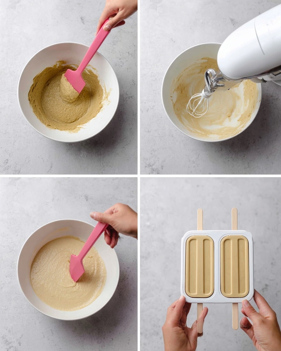 The images show four steps of making a light beige creamy mixture in a white bowl placed on a white marbled surface. The first step has a pink spatula lifting a thick, light brown-greenish batter from the bowl. The second step shows a woman's hand holding a white electric mixer inside an empty white bowl. The third step shows a woman's hand stirring the smooth light beige batter with a pink spatula in the bowl. The fourth step shows a woman's hand holding a white mold with two popsicles filled with the beige mixture, the popsicle sticks are light wood color, and the mold rests on the white marbled surface. Photo taken with an iphone --ar 4:5 --v 7