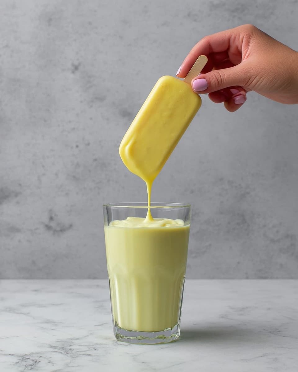 A clear glass filled with pale yellow thick liquid sits on a white marbled surface, while a woman's hand holds a yellow ice cream bar above it, with the melted yellow liquid dripping down from the ice cream bar into the glass below. The background is a soft gray texture, creating a calm and simple setting. photo taken with an iphone --ar 4:5 --v 7