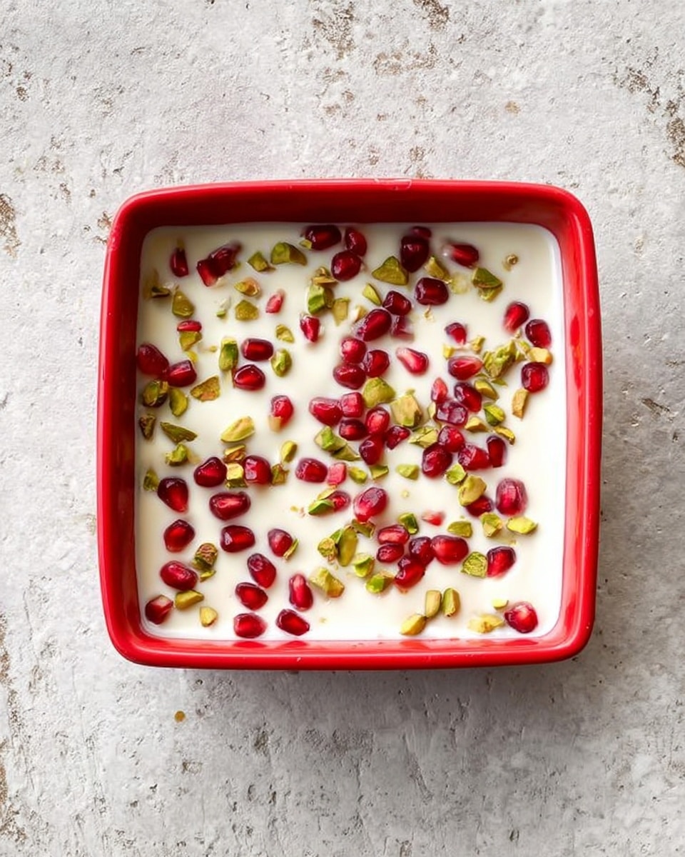 A square red container filled with a smooth white creamy layer inside, topped evenly with scattered small green pistachio pieces and bright red pomegranate seeds, all resting on a white marbled textured surface photo taken with an iphone --ar 4:5 --v 7