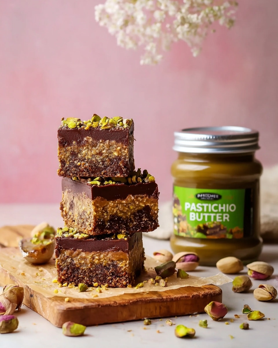 The image shows a stack of three layered dessert bars on a wooden board with scattered chopped pistachios around. Each bar has three layers: the bottom layer is dense and dark brown, the middle layer is medium brown with a coarse, nutty texture, and the top layer is smooth, dark brown chocolate sprinkled with chopped pistachios. To the right of the stack, there is a glass jar of pistachio butter with a green label and a silver lid. The background is a soft pink color with a delicate white flower blurred in the distance. The surface is a white marbled texture. photo taken with an iphone --ar 4:5 --v 7