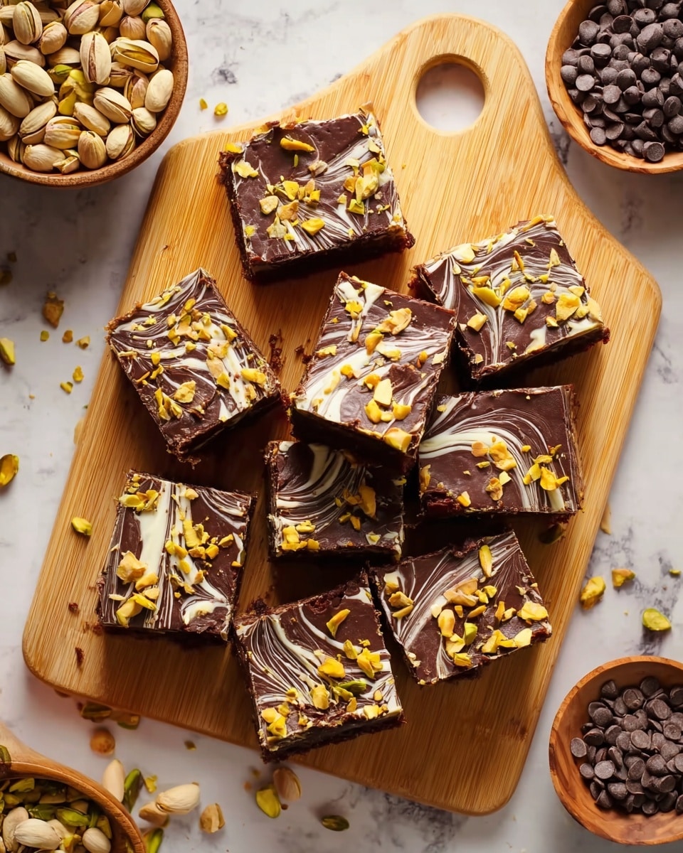 The image shows eight square pieces of dessert arranged closely on a light wooden cutting board with a round hole handle. Each piece has a thick dark brown chocolate top layer with white swirls and scattered yellowish-orange chopped nuts, mostly pistachios, on top. Below the chocolate layer, a darker brown base layer is visible, likely a brownie. Around the cutting board are two wooden bowls: one filled with whole pistachios and the other with dark chocolate chips. The setting is on a white marbled surface with some scattered nuts. Photo taken with an iphone --ar 4:5 --v 7