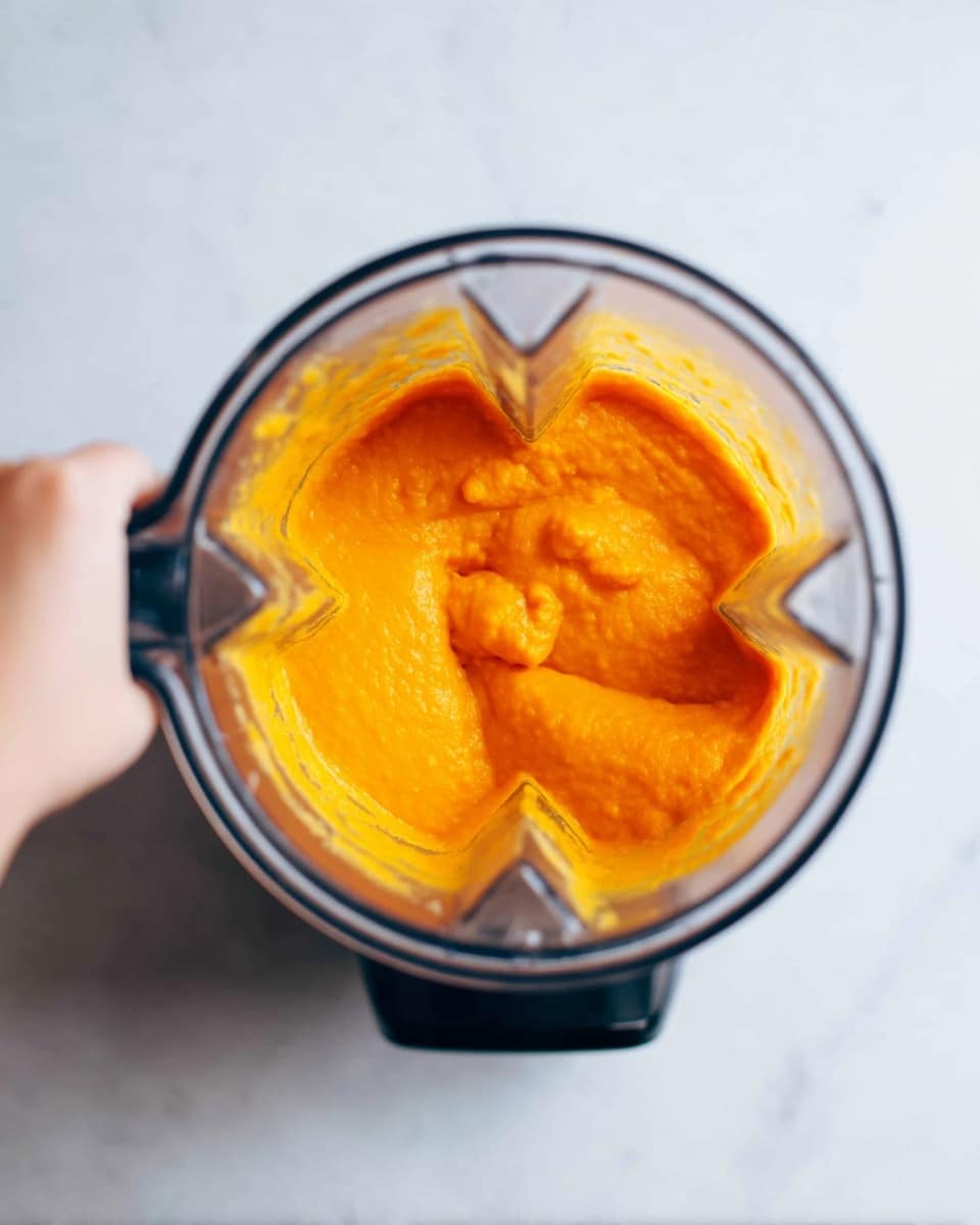 A clear blender container filled with bright orange thick liquid, shown from above on a white marbled surface. The texture inside is smooth with some small lumps, giving it a creamy look. On the left side of the image, a blurred woman's hand is reaching towards the blender. Photo taken with an iphone --ar 4:5 --v 7