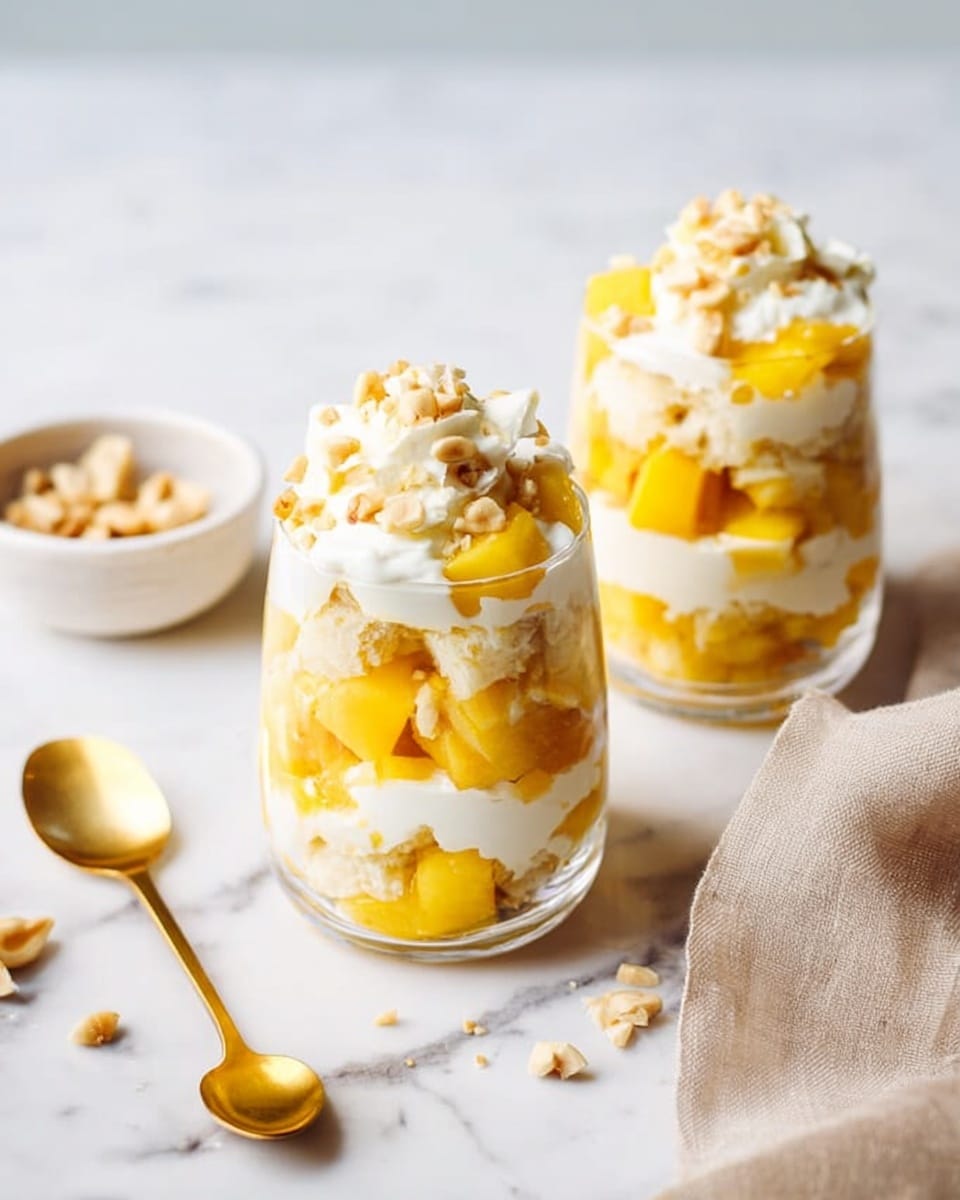 Two clear glasses filled with a layered dessert sit on a white marbled surface. Each glass has several layers starting with juicy, bright yellow mango chunks at the bottom, followed by soft white cream, and pieces of crumbly white cake. These layers repeat with more mango chunks and cream, topped with a dollop of whipped cream and sprinkled with light beige nuts. A light beige cloth is draped nearby, and a golden spoon lies on the surface next to one glass, with a small white bowl of nuts in the background. Photo taken with an iphone --ar 4:5 --v 7