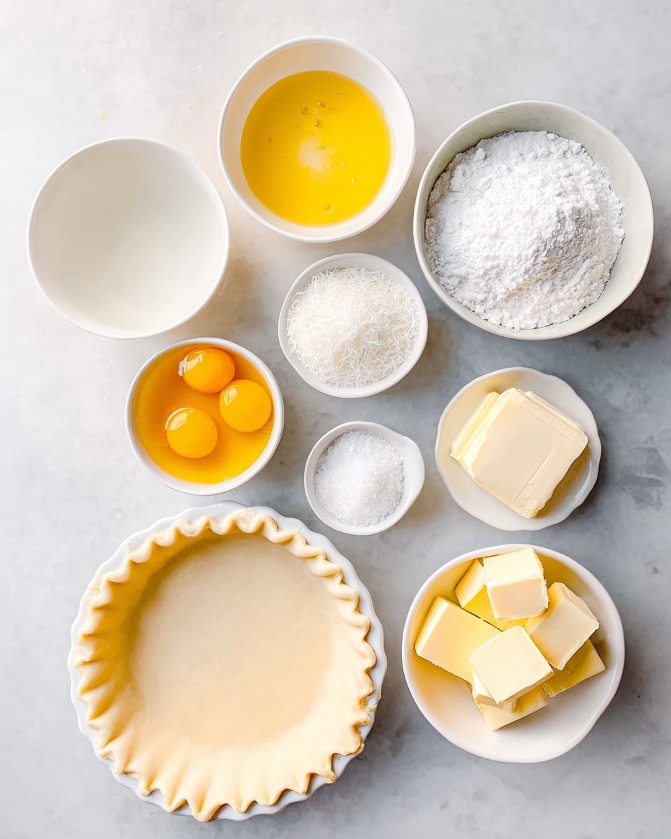 The image shows several small white bowls arranged neatly on a white marbled surface, each holding different baking ingredients. There is a layer of smooth pie dough in a white pie dish with crimped edges at the bottom left. Among the bowls, there are three bright yellow egg yolks in one, white granulated sugar, white shredded coconut, white flour, white powdered sugar, small cubes of yellow butter, and clear liquid likely vanilla extract and another clear ingredient. The bowls' contents create a contrast of white and yellow colors against the clean white marbled background. Photo taken with an iphone --ar 4:5 --v 7