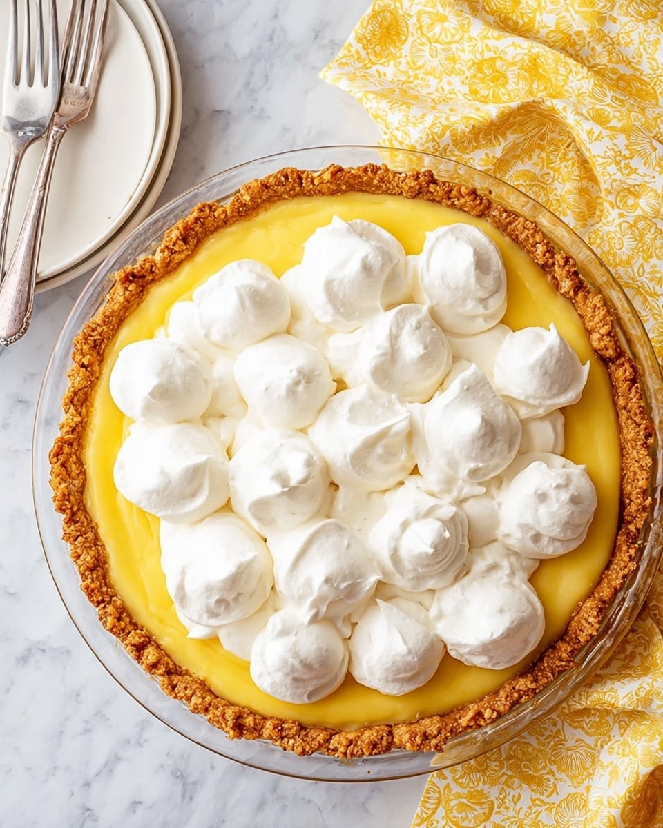 A round pie on a clear glass plate shows three visible layers: the bottom layer is a crimped golden-brown crust with a rough texture, the middle layer is a smooth bright yellow custard, and the top layer has large, soft dollops of white whipped cream arranged evenly across the surface. The pie sits on a white marbled surface, next to a white plate with a fork on the left and a yellow and white patterned cloth on the top right. Photo taken with an iphone --ar 4:5 --v 7