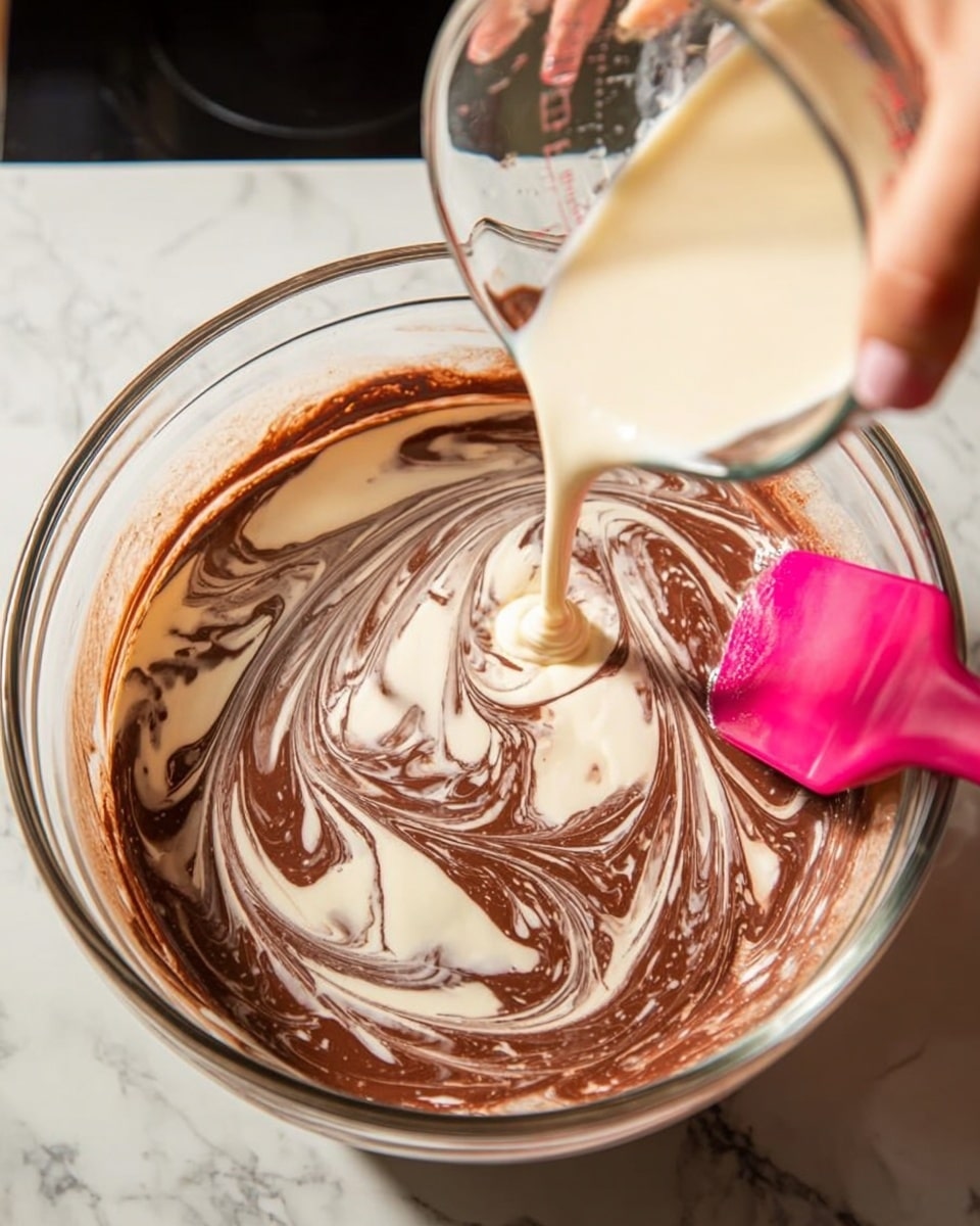 A clear glass bowl filled with a swirling mix of light cream and dark brown chocolate liquid is being stirred with a bright pink spatula held by a woman's hand in the lower left corner. Another liquid cream is being poured in a thin stream from a clear glass measuring cup positioned above the bowl into the center of the swirling mixture. The background is a white marbled surface that contrasts with the rich colors in the bowl. Photo taken with an iphone --ar 4:5 --v 7