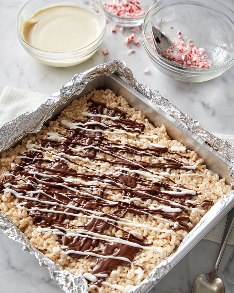 A square baking pan lined with silver foil holds a thick base layer of light tan crispy rice cereal treats. This base is generously drizzled with two types of melted chocolate: dark brown and creamy white, both creating thin, irregular lines crossing each other on the surface. The pan sits on a white marbled countertop beside two small clear glass bowls, one with smooth white chocolate and a spoon inside, the other with some leftover dark chocolate and a spoon resting next to it. Tiny red and white peppermint pieces are scattered near the bowls, adding a festive touch. Photo taken with an iphone --ar 4:5 --v 7
