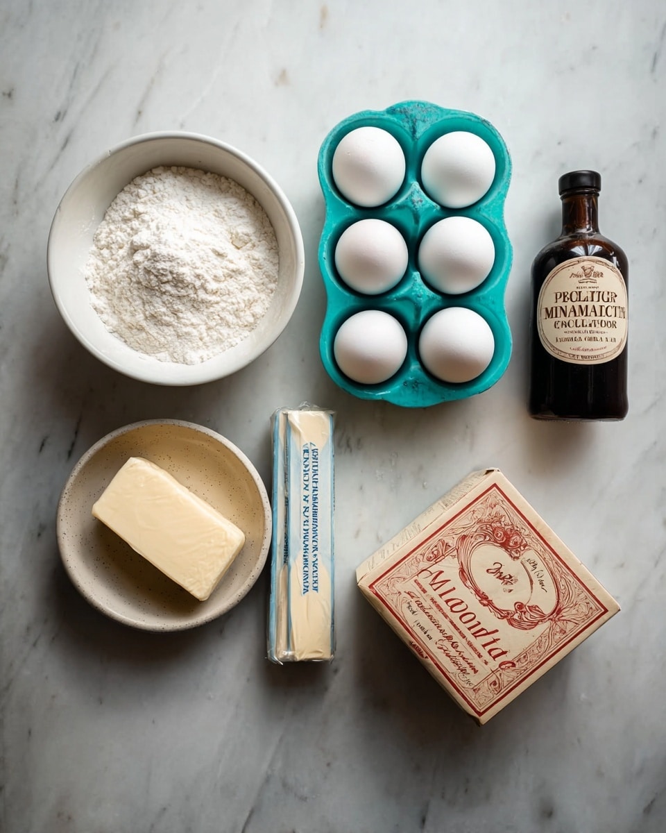 The image shows several baking ingredients placed on a white marbled surface. There is a white bowl filled with white flour on the left side and another white bowl filled with white sugar above it. A turquoise egg holder with six white eggs is placed in the middle. To the right, there is a dark brown bottle labeled Madagascar vanilla. Below the eggs, there are two sticks of butter wrapped in blue and white paper lying side by side. Next to the butter, at the bottom right, there is a beige chocolate bar box with red and brown details. The overall arrangement is neat and the lighting is soft and natural, highlighting the textures of the ingredients. photo taken with an iphone --ar 4:5 --v 7