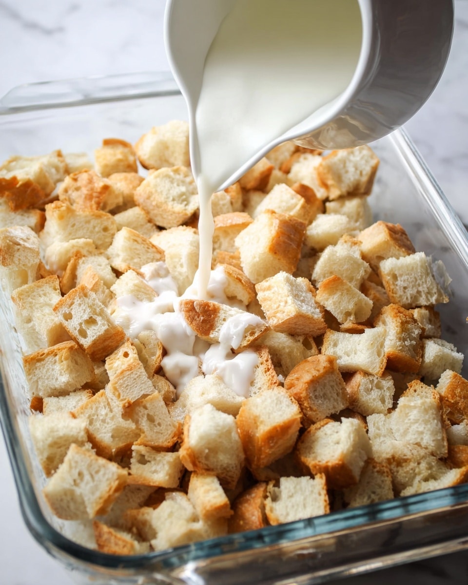 The image shows a clear glass baking dish filled with many small pieces of bread, which are light tan with some golden brown edges, arranged in a single thick layer covering the bottom. Creamy white liquid is being poured over the bread from a white pitcher, pouring in from the left side of the image. The background and surface under the dish are white marble with soft gray veins. photo taken with an iphone --ar 4:5 --v 7