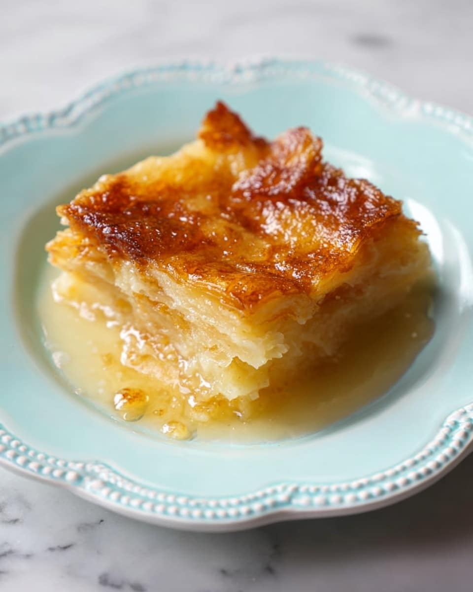 A single piece of a golden brown, baked dessert sits on a white plate with ornate edges. The dessert has multiple thin layers that look soft and slightly crispy on top, with a shiny, slightly sticky texture, especially along one side where it looks a bit caramelized and darker. The colors range from light yellow to deeper golden brown, and the piece appears moist with some bubbling cream or syrup around the edges. The plate rests on a white marbled surface. photo taken with an iphone --ar 4:5 --v 7