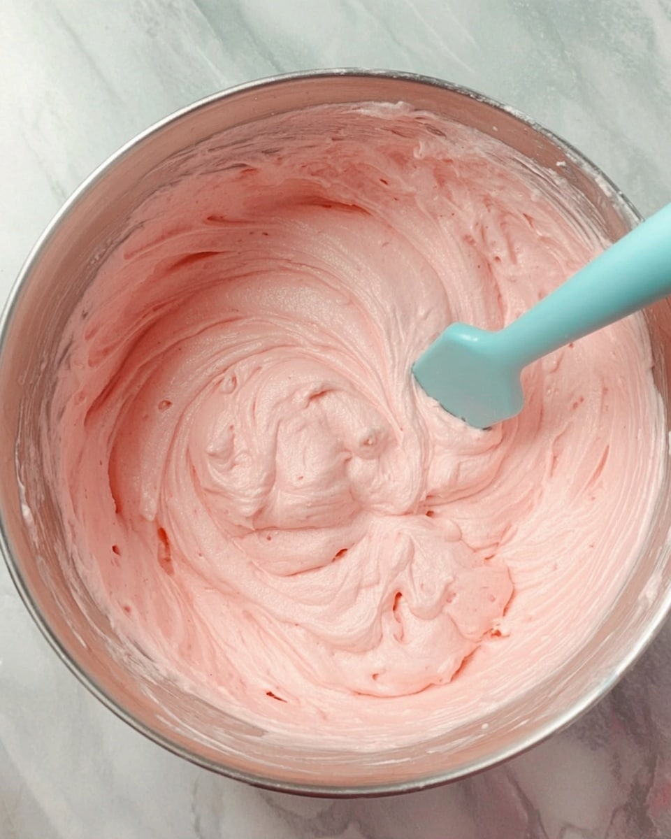 The image shows a close-up of a bowl filled with smooth, light pink creamy mixture, with soft swirls created by a light blue spatula standing inside. The creamy texture looks thick but airy, with varying shades of pale pink and a slightly glossy surface. The bowl is metallic, and the background features a white marbled texture. Photo taken with an iphone --ar 4:5 --v 7