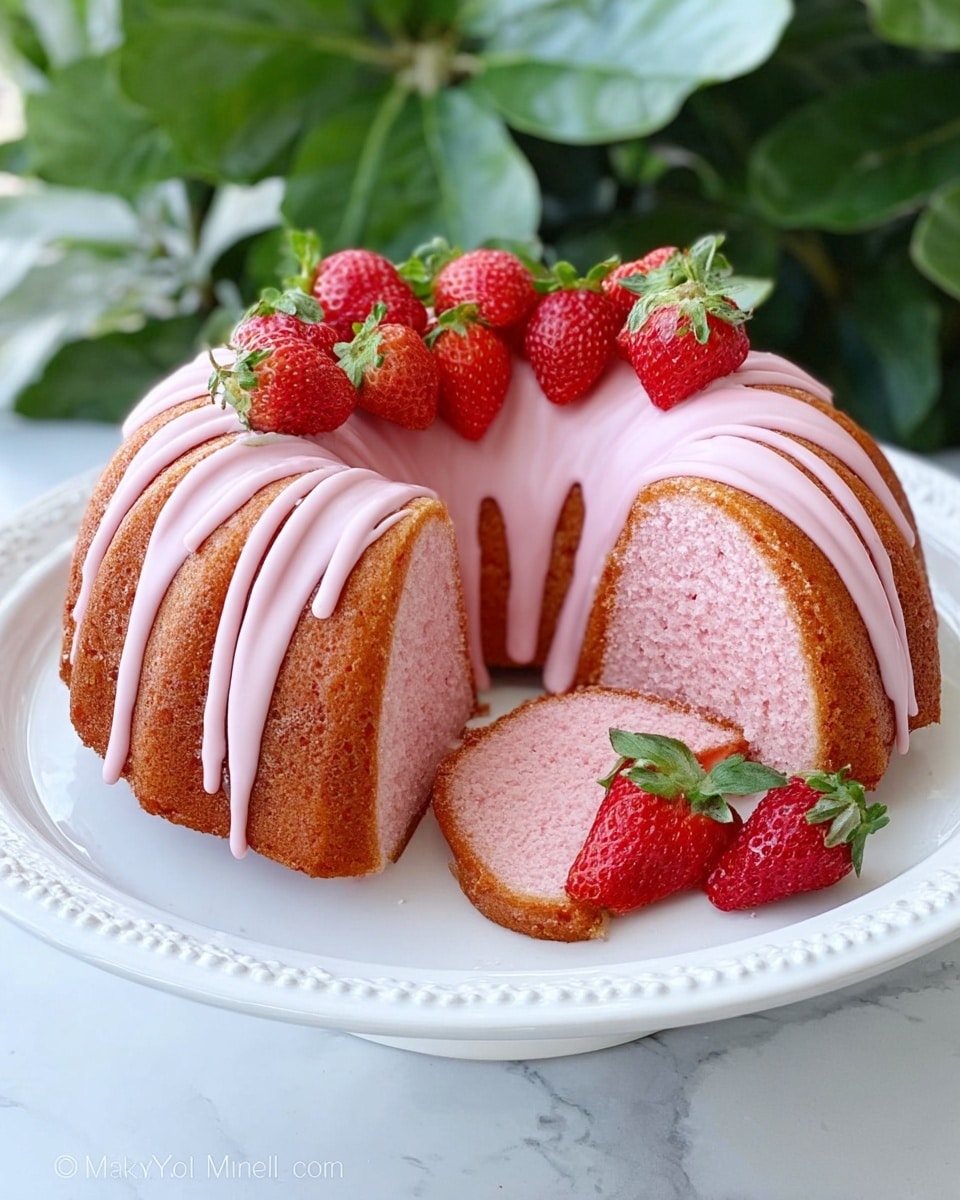 A round pink bundt cake with a smooth texture sits on a white plate with decorative edges. The cake is drizzled with pale pink icing in thin, even lines from the top to the sides. The center hole of the bundt is filled with fresh bright red strawberries with green leaves, adding a fresh touch. A slice is cut out showing the soft, pink inside of the cake. The background has green leaves, and the plate is placed on a white marbled surface. Photo taken with an iphone --ar 4:5 --v 7