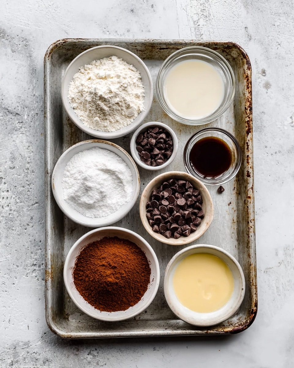 A metal tray holds seven small white dishes arranged in a loose grid pattern on a white marbled surface. The top row has a small bowl with white flour, a bowl with white powder, and a glass bowl with creamy white liquid. In the middle row, there is a small bowl filled with dark brown chocolate chips and a tiny glass bowl with dark brown vanilla liquid. The bottom row shows a large bowl with white granulated sugar, a bowl filled with rich brown cocoa powder, and a small bowl with pale yellow melted butter. The dishes vary in shape, round or slightly oval, and the tray shows some wear and scratches. photo taken with an iphone --ar 4:5 --v 7