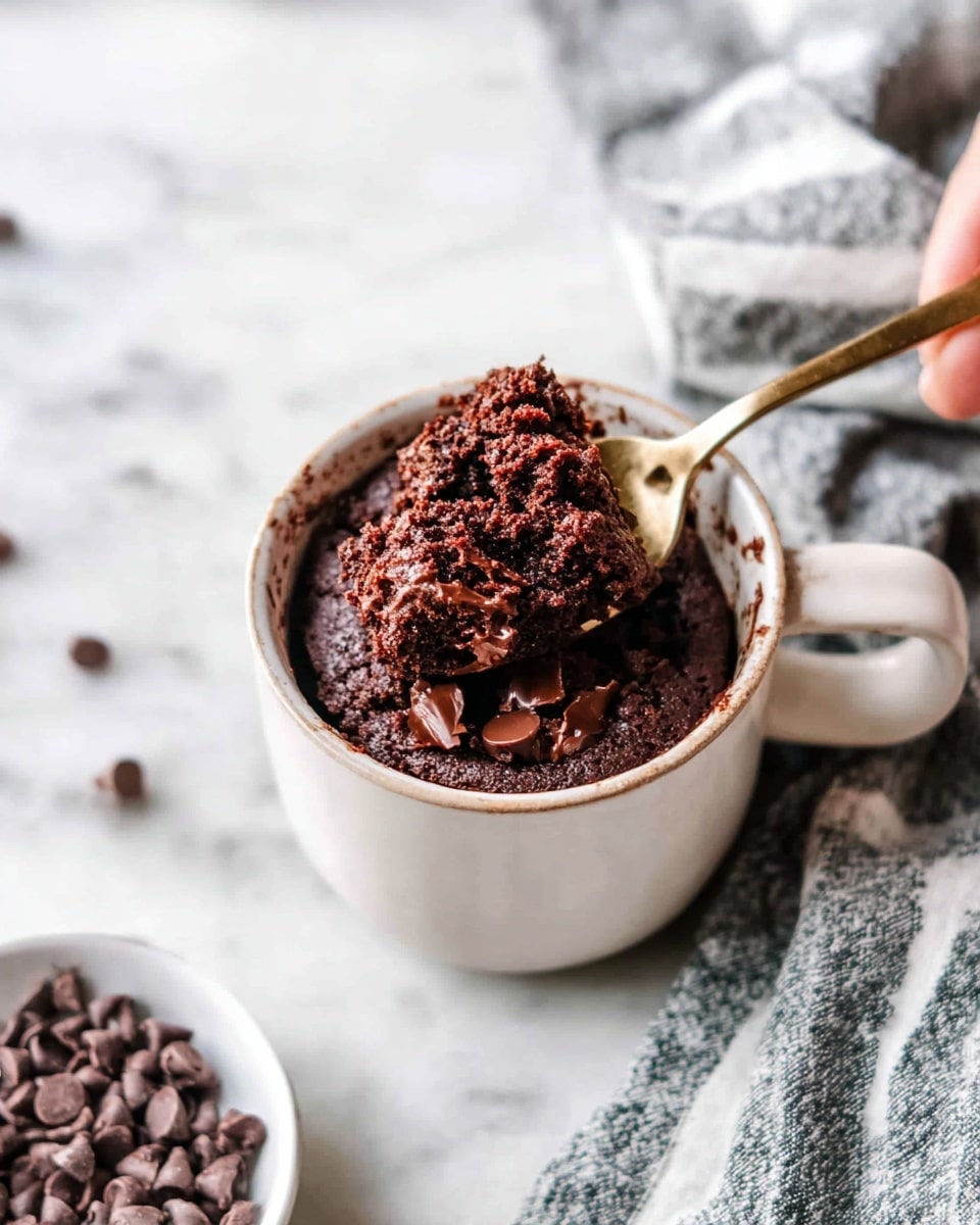 A white cup filled with one layer of dark brown chocolate mug cake with a rough, fluffy texture and melted chocolate chunks inside; a woman's hand holding a gold spoon scooping into the cake, showing the moist inside. The cup sits on a white marbled surface with a gray and white striped cloth casually placed nearby. In the foreground, there is a small white bowl filled with dark brown chocolate chips. Photo taken with an iphone --ar 4:5 --v 7