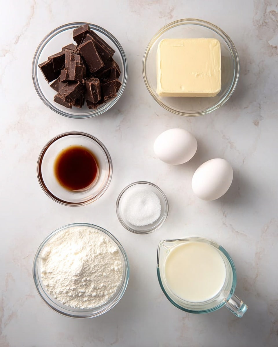 The image shows seven separate ingredients placed neatly on a white marbled surface. From left to right at the top row, there is a clear glass bowl filled with dark brown chocolate pieces, a small clear glass bowl holding a square block of pale yellow butter, and three whole white eggs. Below these on the bottom row, a tiny clear glass bowl with white powder, a small clear glass bowl containing light brown vanilla extract, a clear measuring jug with white cream, and a clear glass bowl filled with white granulated sugar are displayed. Each item is distinct with no overlap, and the light brightens the smooth textures and colors clearly. photo taken with an iphone --ar 4:5 --v 7