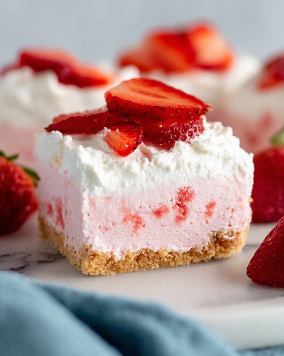 A close-up view of a dessert with three layers on a white marbled surface. The bottom layer is a light brown, crumbly crust. The middle layer is thick and creamy pink with small red specks, showing a smooth texture. The top layer is a fluffy white cream that looks soft and airy, topped with fresh sliced red strawberries that are arranged unevenly, adding a pop of bright color. Whole strawberries surround the dessert piece. There is a blurry blue cloth in the foreground. Photo taken with an iphone --ar 4:5 --v 7