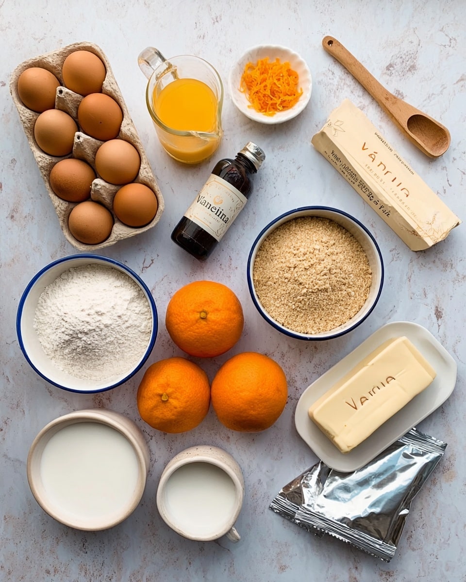The image shows various baking ingredients arranged neatly on a white marbled surface. There are four brown eggs in a wooden holder at the top left, a small glass pitcher filled with a yellow liquid next to a wooden scoop holding white sugar below it. To the right of the eggs is a small white plate with orange zest. Next to it is a dark bottle labeled