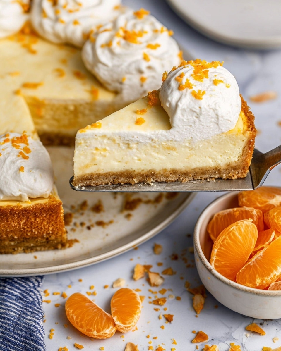 A slice of three-layer cheesecake is being lifted on a metal spatula from a white plate. The cheesecake has a light brown crumbly base layer, a thick smooth pale yellow middle layer, and a thick white whipped cream top layer sprinkled with small bright orange zest pieces. Next to the plate, there is a small white bowl filled with whole and peeled orange tangerine slices, placed on a white marbled surface. Some crumbs and zest flakes are scattered around the plate. Photo taken with an iphone --ar 4:5 --v 7