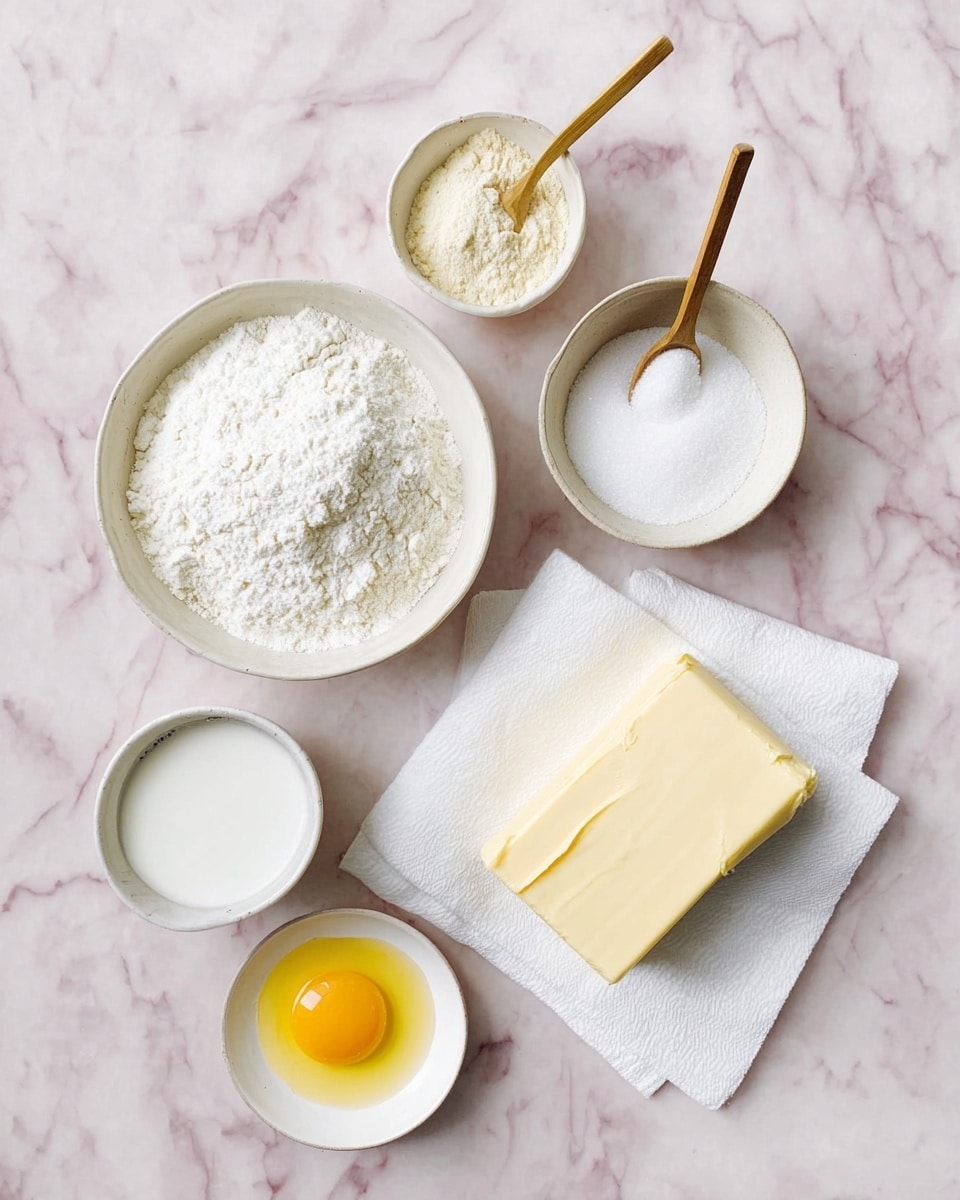 The image shows seven baking ingredients placed on a white marbled surface. At the center is a white bowl filled with white flour. To the right of it, there is an unwrapped block of pale yellow butter on a white cloth. Below the flour bowl, a small white bowl holds some milk. Directly below the milk, a round white dish contains a single bright yellow egg yolk. To the left of the flour bowl is a white bowl filled with granulated white sugar. Above the sugar, there is a wooden spoon filled with a beige powder, and above that, a small wooden spoon holds a small amount of white salt. The soft pastel pink marbled texture serves as the background. Photo taken with an iphone --ar 4:5 --v 7