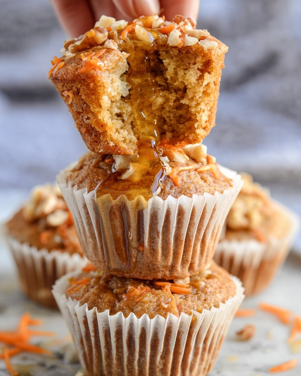 The image shows three carrot muffins stacked on a white marbled surface. The bottom muffin is in a white paper wrapper with shredded orange carrots and small chopped walnuts sprinkled on top. The middle muffin, also in a white paper wrapper, is topped with the same shredded carrot and walnut pieces. A woman's hand holds the top muffin, which is broken in half to show its soft, moist inside with visible carrot bits and a shiny drizzle of honey or syrup running down. Photo taken with an iphone --ar 4:5 --v 7