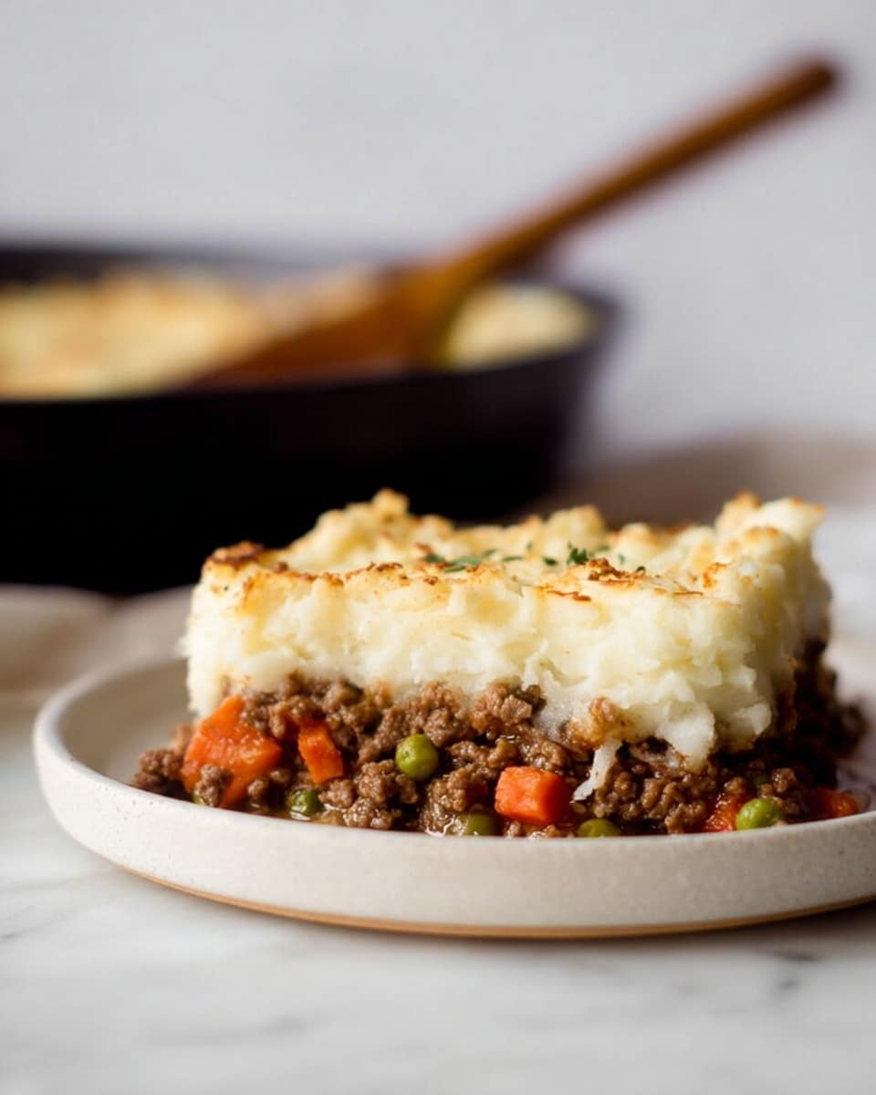 The dish shows two thick layers on a white plate with a white marbled texture below. The bottom layer is a mix of ground meat with small colorful chunks of orange carrots and green peas, making it look hearty and moist. The top layer is a thick, creamy mash of potatoes with a lightly browned and slightly crispy surface texture. The layers are clearly separated, with the mashed potato layer taking up slightly more space than the meat and vegetable layer. In the blurred background, a dark pan with a wooden spoon rests on the white marbled surface. Photo taken with an iphone --ar 4:5 --v 7