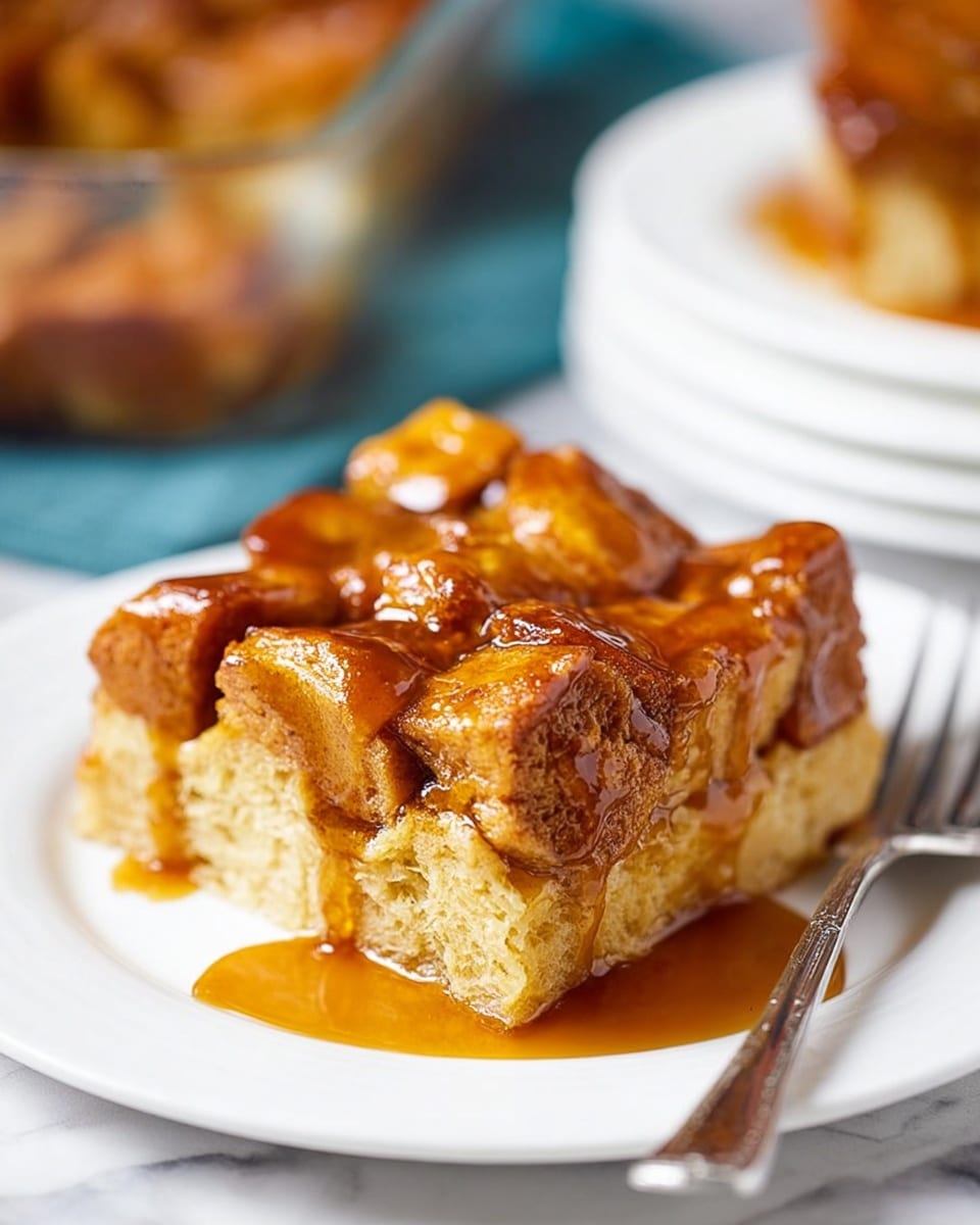 A square piece of bread pudding sits on a white plate on a white marbled surface. The bottom layer is golden brown and dense, made of baked bread cubes. On top, there is a thick layer of larger, soft bread pieces coated in a shiny caramel-colored sauce. Some syrup is dripping down the sides and pooling on the plate. A silver fork leans on the edge of the plate to the right. The background is blurred but shows more bread pudding in a glass dish and a part of another white plate. photo taken with an iphone --ar 4:5 --v 7