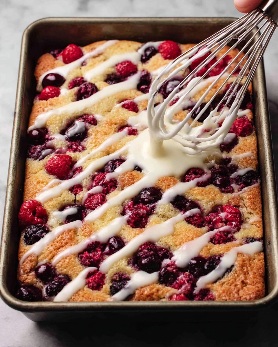 The image shows a baked dessert in a silver rectangular pan, placed on a white marbled surface. The dessert has a golden brown cake layer mixed with red raspberries and dark purple cherries embedded throughout. A woman's hand holding a whisk is drizzling a thick white icing over the top, creating thin and thick lines across the fruit and cake. The cake texture looks soft and slightly bumpy, with the fruit giving pops of color. photo taken with an iphone --ar 4:5 --v 7