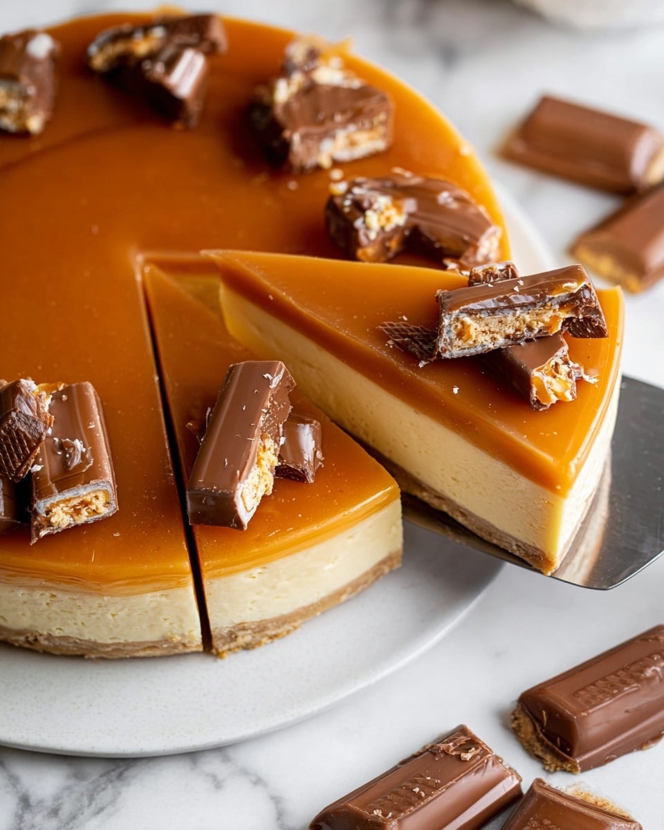 The image shows a round cake with three visible layers on a white marble plate. The bottom layer is a crunchy beige crust. The middle layer is thick, creamy, and white with small pieces of chocolate mixed inside. The top layer is a shiny caramel sauce that slightly drips down the sides. Around the edge of the caramel, there are pieces of cut chocolate bars with visible caramel and nougat inside. The cake is set on a white marbled surface, with a few pieces of chocolate bars scattered nearby. Photo taken with an iphone --ar 4:5 --v 7
