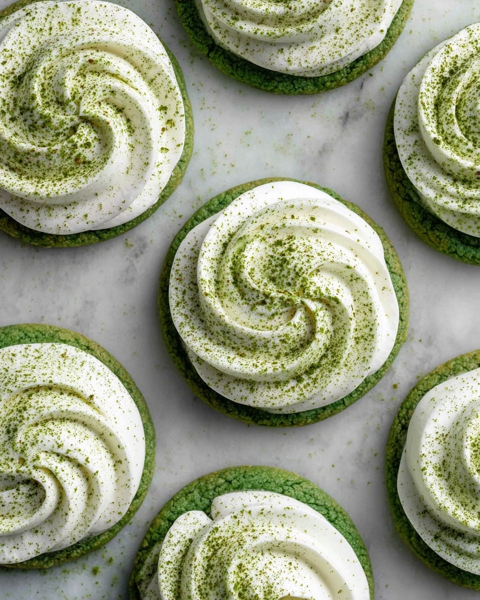 Round green cookies form the base layer, each topped with a thick, white swirled frosting arranged in a spiral shape. The white frosting layer is dusted with a fine green powder, giving it a textured look. The cookies are placed on a white marbled surface, showing a neat and even spacing between each one. photo taken with an iphone --ar 4:5 --v 7