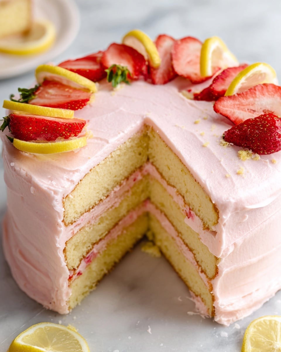 The image shows a three-layer cake with light yellow sponge layers separated by thin layers of light pink frosting. The outside of the cake is fully covered in smooth light pink frosting. The top edge of the cake is decorated with alternating slices of bright red strawberries and thin lemon wedges with pale yellow skin and translucent flesh. One slice of the cake is slightly pulled out, revealing the inside layers. The cake sits on a white marbled surface, and some lemon wedges are scattered in the background. photo taken with an iphone --ar 4:5 --v 7