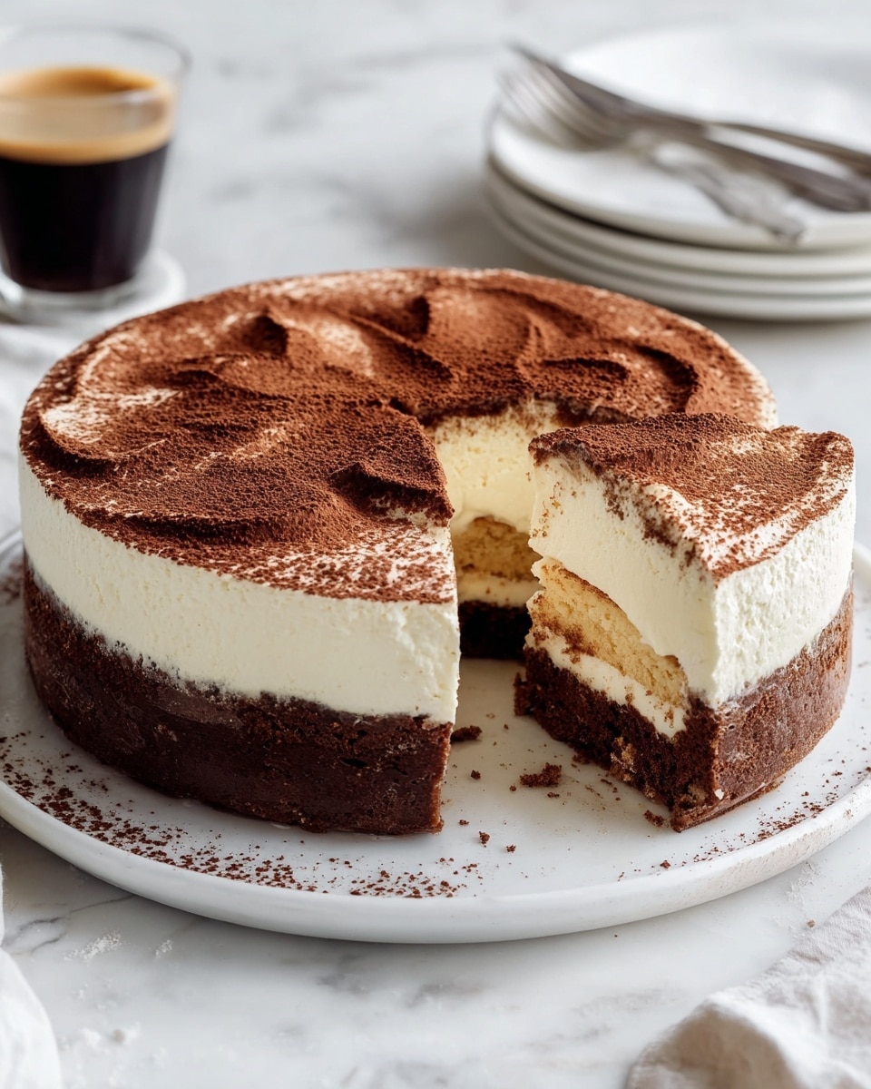 A round cake with thick dark brown cocoa crust at the bottom and sides forming the base and edges, topped with a thick smooth white cream layer, followed by a middle layer of light beige soft biscuit visible inside, then another thick white cream layer on top, finished with a dusting of fine dark brown cocoa powder spread unevenly in swirls on the top. One slice is cut and slightly pulled out, showing the clear layers inside. The cake sits on a white plate on a white marbled surface, with a glass of dark coffee and stacked white plates with forks blurred in the background. photo taken with an iphone --ar 4:5 --v 7